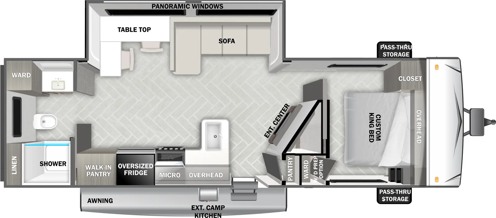 The Evo Southwest T2620 floorplan has one entry and one slide out. Exterior features include: metal exterior and 20' awning. Interiors features include: front bedroom and rear bathroom.